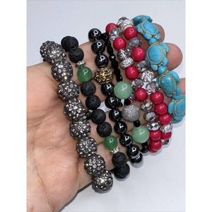 Stretch Bracelet Beaded Lot of 7 Turtle Turquoise Hematite Jade Lava Pink Grey